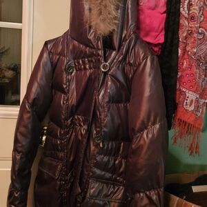 RUDSAK Shiny  Chocolat Puffer down Jacket with Fur Trim. Small Fit Medium